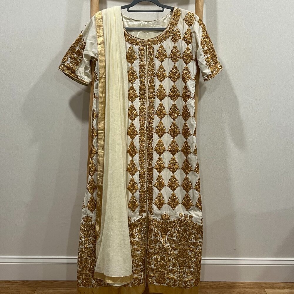 Gorgeous White & Gold Embroidered Dress w/ shawl and pants